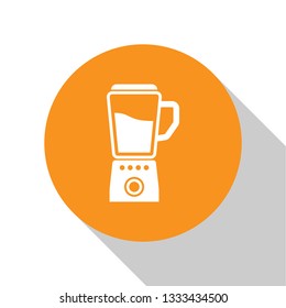 White Blender icon isolated on white background. Kitchen electric stationary blender with bowl. Cooking smoothies, cocktail or juice. Orange circle button. Flat design. Vector Illustration