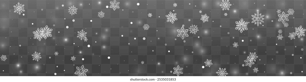 White Blizzard Vector Transparent Panoramic Background. Holiday Snowfall Holiday. Light Xmas Wallpaper. Fantasy Snowflake Design.