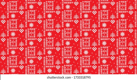 White block design text of Christmas and New Year 2021 words with Xmas trees and stars in a repeating seamless pattern isolated on a red background