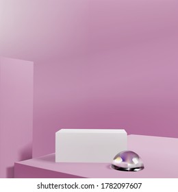 White block podium on a pink pastel background with glass half sphere. For cosmetic display, exhibition, show. Studio, minimal stage. Vector 3d realistic illustration
