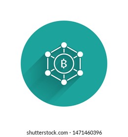 White Blockchain technology Bitcoin icon isolated with long shadow. Abstract geometric block chain network technology business. Green circle button. Vector Illustration
