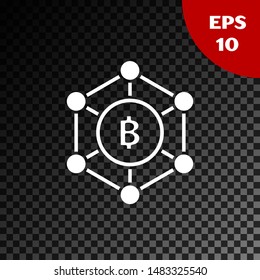 White Blockchain technology Bitcoin icon isolated on transparent dark background. Abstract geometric block chain network technology business.  Vector Illustration