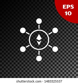 White Blockchain technology Ethereum ETH icon isolated on transparent dark background. Abstract geometric block chain network technology business.  Vector Illustration