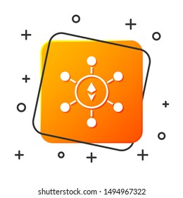 White Blockchain technology Ethereum ETH icon isolated on white background. Abstract geometric block chain network technology business. Orange square button. Vector Illustration