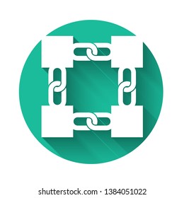 White Blockchain technology icon isolated with long shadow. Cryptocurrency data sign. Abstract geometric block chain network technology business. Green circle button. Vector Illustration