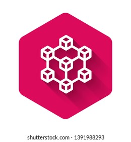 White Blockchain technology icon isolated with long shadow. Cryptocurrency data sign. Abstract geometric block chain network technology business. Pink hexagon button. Vector Illustration