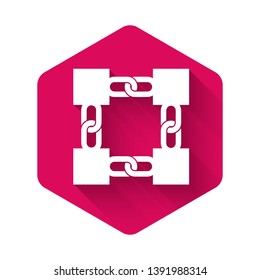 White Blockchain technology icon isolated with long shadow. Cryptocurrency data sign. Abstract geometric block chain network technology business. Pink hexagon button. Vector Illustration
