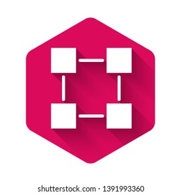 White Blockchain technology icon isolated with long shadow. Cryptocurrency data sign. Abstract geometric block chain network technology business. Pink hexagon button. Vector Illustration
