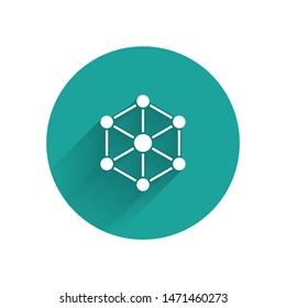 White Blockchain technology icon isolated with long shadow. Cryptocurrency data. Abstract geometric block chain network technology business. Green circle button. Vector Illustration