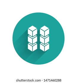 White Blockchain technology icon isolated with long shadow. Cryptocurrency data. Abstract geometric block chain network technology business. Green circle button. Vector Illustration