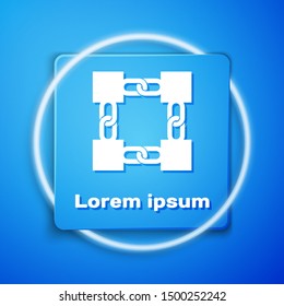 White Blockchain technology icon isolated on blue background. Cryptocurrency data. Abstract geometric block chain network technology business. Blue square button. Vector Illustration