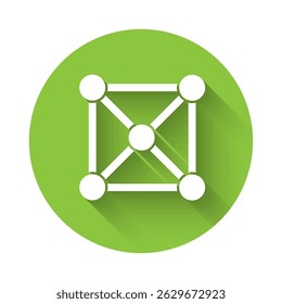 White Blockchain technology icon isolated with long shadow. Cryptocurrency data. Abstract geometric block chain network technology business. Green circle button. Vector