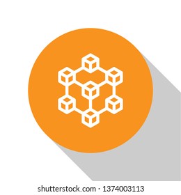 White Blockchain technology icon on white background. Cryptocurrency data sign. Abstract geometric block chain network technology business. Orange circle button. Flat design. Vector Illustration