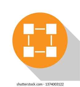 White Blockchain technology icon on white background. Cryptocurrency data sign. Abstract geometric block chain network technology business. Orange circle button. Flat design. Vector Illustration