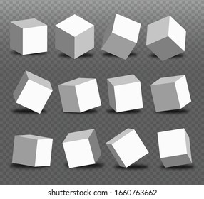 White blocks set. 3d modeling white cubes, boxes with a perspective and different angle. Vector illustration isolated on a transparent background eps 10