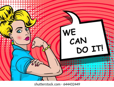 White blonde beautiful pop art woman. Advertise WE CAN DO IT girl power. Vector illustration halftone background. Cartoon comic book speech text bubble. Bright colored pin up worker female.