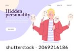 White blonde man holding different fake masks in his hands changing his behavior. Hidden personality vector concept, man is confused with different roles. Layout for website about mental problems.