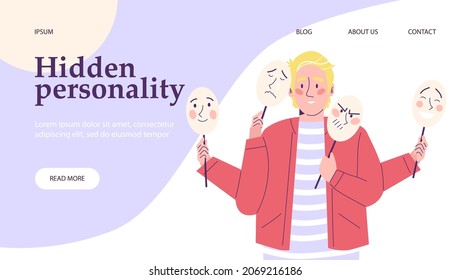 White blonde man holding different fake masks in his hands changing his behavior. Hidden personality vector concept, man is confused with different roles. Layout for website about mental problems.