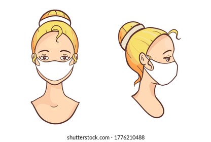 White blonde Woman vector set Wearing Face Mask Environmental Industrial Smog Dust Toxic Air Pollution And Virus Protection. Consider social distancing as a protection against covid-19. Two face icon 
