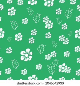 white blooming flower with leaf illustration on green background. white outline, seamless pattern. hand drawn vector. doodle art for wallpaper, wrapping paper and gift, fabric, textile, dress motif. 