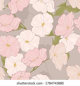 White Blossom Beautiful Vector Seamless Pattern. Drawn Poppies Design. Garden Tropical Illustration. Pink Flowers Wallpaper.
