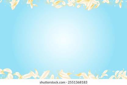 White Blossom Beauty Vector Blue Background. Delicate Falling Floral Cover. Light Petal Tender Frame. Yellow Cherry Blur Backdrop. Japanese Peach Banner.