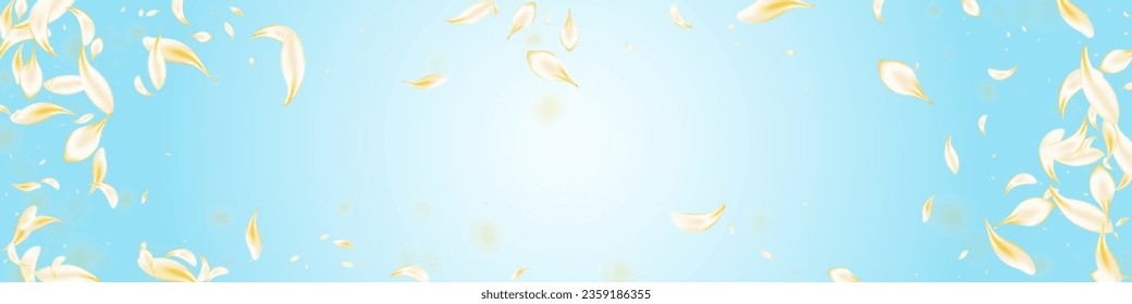 Vector Blur De Flor Blanca Fondo Panorámico Azul. Ilustración de la Belleza Dorada Sakura. Marco De Vuelo Floral Claro. Plantilla de primavera de cerezo amarillo. Diseño de la oferta Petal.