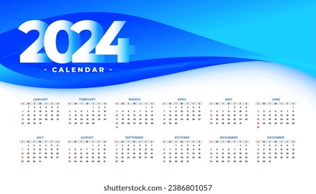 white and blue 2024 business calendar template in wavy style vector