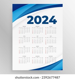 white and blue 2024 english calendar layout a full-page design vector