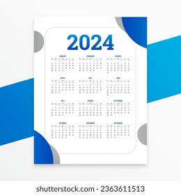 white and blue 2024 new year schedule calendar layout vector