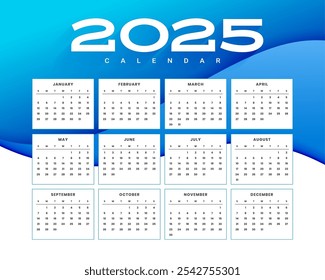 branco azul 2025 modelo de calendário anual vetor de design imprimível