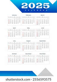 white blue 2025 annual calendar layout a printable design vector