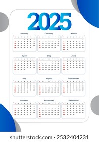 Blanco Azul 2025 Plantilla de calendario de página completa Un Vector de diseño imprimible