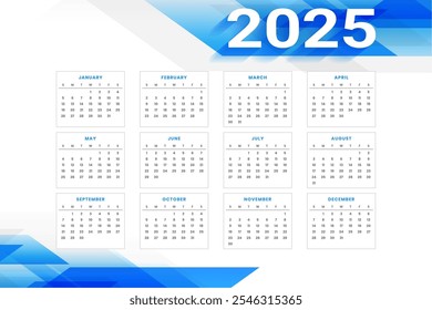 white blue 2025 new year calendar template in business style vector