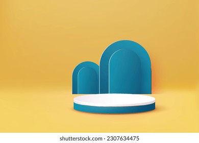 White and Blue 3D Abstract Podium on Yellow Background - Product Presentation