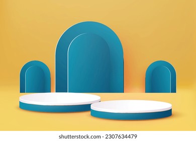 White and Blue 3D Abstract Podium on Yellow Background - Product Presentation