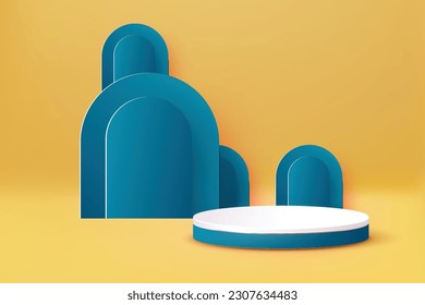 White and Blue 3D Abstract Podium on Yellow Background - Product Presentation