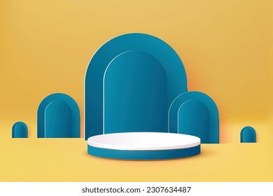 White and Blue 3D Abstract Podium on Yellow Background - Product Presentation