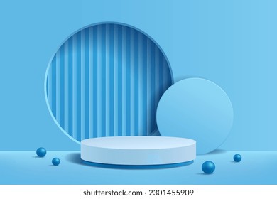 Cilindros 3D blanco y azul con fondo de escena de forma de círculo geométrico mínimo para la presentación de productos de visualización, abstracto moderno para publicidad cosmética, ilustración vectorial