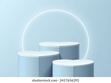 white, blue 3D product podium set in heart shape, Mother day or Valentine background with neon ring. Minimal scene mockup product stage showcase, Promotion display. Abstract vector geometric forms.