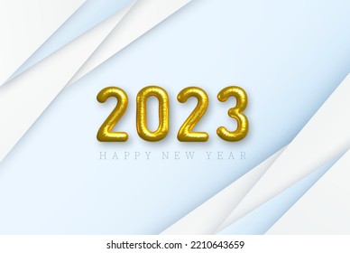 White and blue abstract background with geometric shapes and golden air figures 3D 2023.