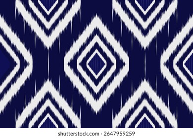 Branco e azul Abstrato geométrico Ikat padrão sem costura. Tecido asteca étnico tribal padrão têxtil tradicional africano indiano tradicional. Vintage resumo folclore bordado fundo. Ilustração vetorial.