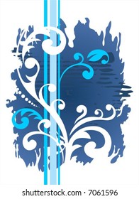White and blue abstract vegetative pattern on a dark blue grunge background.