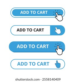 White and blue add to cart button with a hand clicking on a white background 