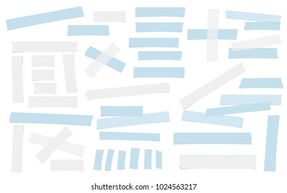 White and blue adhesive, sticky, masking, duct tape, paper pieces for text are isolated on white background.