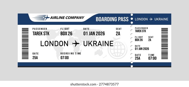 White and blue airline boarding pass for london to ukraine flight on january 1, 2026 flight ticket
