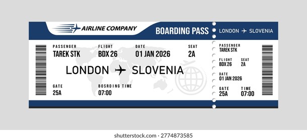 White and blue airline boarding pass for london to slovenia flight on january 1, 2026 flight ticket