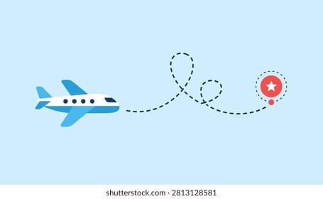 White and blue airplane flying across a light blue sky with a dashed line showing its path to a red star destination.