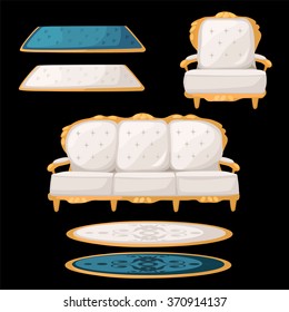 White and blue armchair, sofa and carpet. Vector.