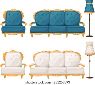 white and blue armchair, sofa and lamp,